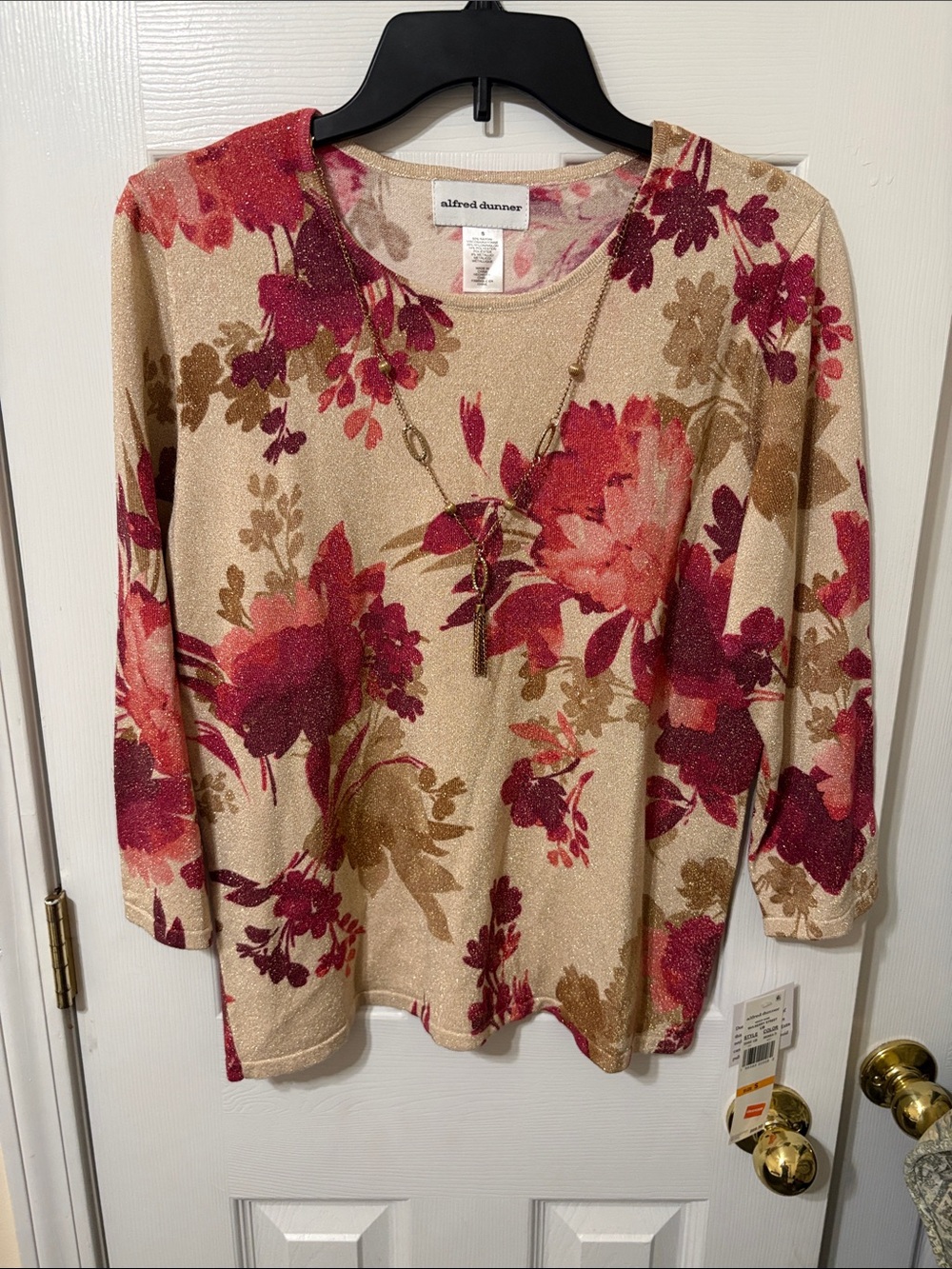 Alfred Dunner Beige Floral Metallic Knit Top with Pink & Burgundy Blooms